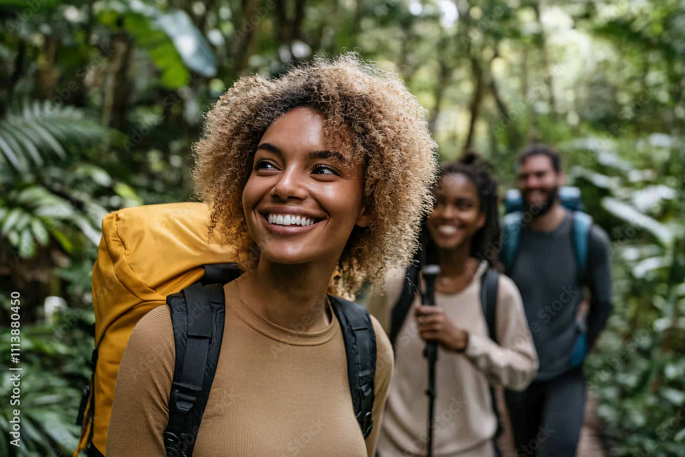 Smiling hikers with backpacks walking through a lush jungle trail illuminated by soft natural light symbolizing joy and adventure
Smiling hikers with backpacks walking through a lush jungle trail illuminated by soft natural light symbolizing joy and adventure