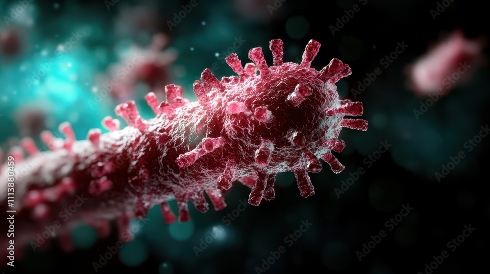 This intricate image displays a magnified view of a virus with a pink hue, sparkling under high magnification levels, with detailed structures visible from all angles. This intricate image displays a magnified view of a virus with a pink hue, sparkling under high magnification levels, with detailed structures visible from all angles.