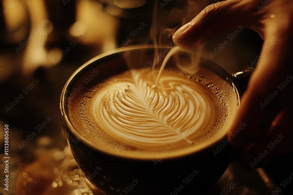 Coffee art creation at a cafe with warm lighting. Generative AI Coffee art creation at a cafe with warm lighting. Generative AI