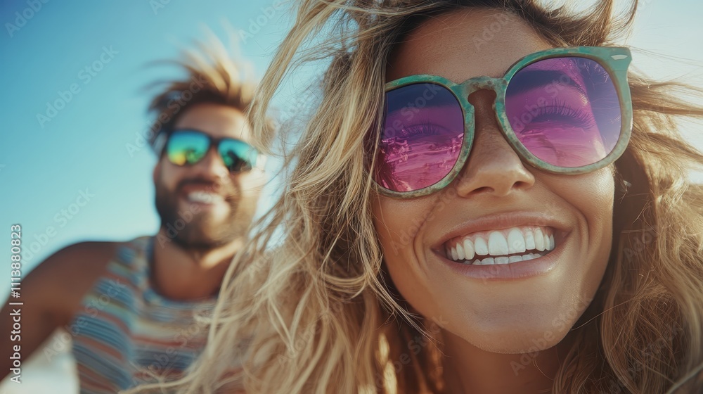 Two friends pose for a selfie at the beach, sunglasses reflecting the bright blue sky, embodying the essence of freedom and joy during a carefree vacation day. Two friends pose for a selfie at the beach, sunglasses reflecting the bright blue sky, embodying the essence of freedom and joy during a carefree vacation day.