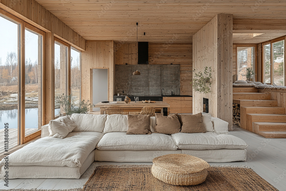 Modern Wooden Cabin Living Room Design Featuring Comfortable Sectional Sofa Modern Wooden Cabin Living Room Design Featuring Comfortable Sectional Sofa