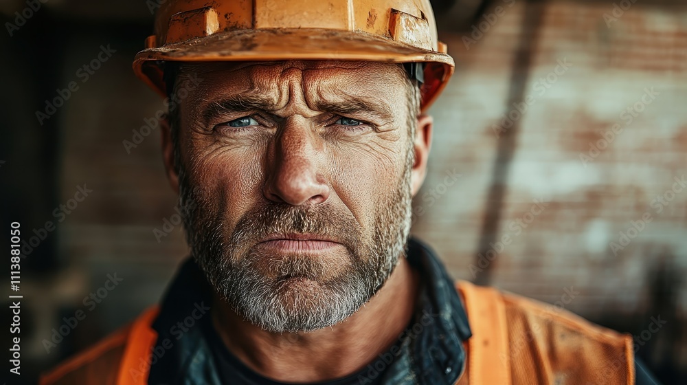 Portrait of a rugged construction worker with a weathered face, wearing an orange helmet and reflecting resilience and determination amidst a brick backdrop. Portrait of a rugged construction worker with a weathered face, wearing an orange helmet and reflecting resilience and determination amidst a brick backdrop.