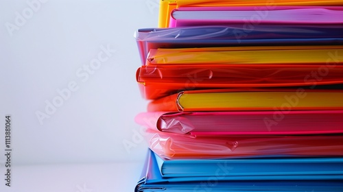 Photograph a stack of textbooks with bright, colorful covers against a white background.