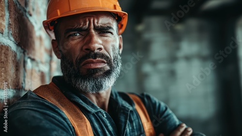 Portrait of an experienced construction worker leaning against a brick wall, wearing an orange helmet with an expression of determination and resilience on his face.