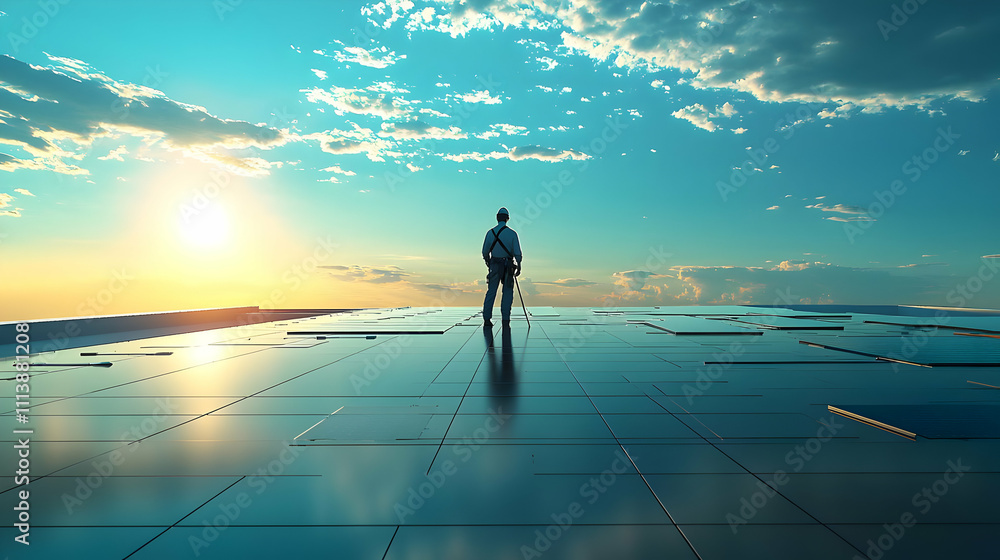 Worker Surveys Solar Panels at Sunset Worker Surveys Solar Panels at Sunset