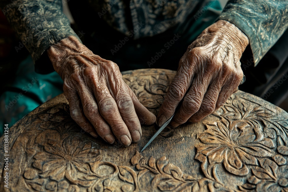 Skilled hands carve detailed designs on a wooden surface