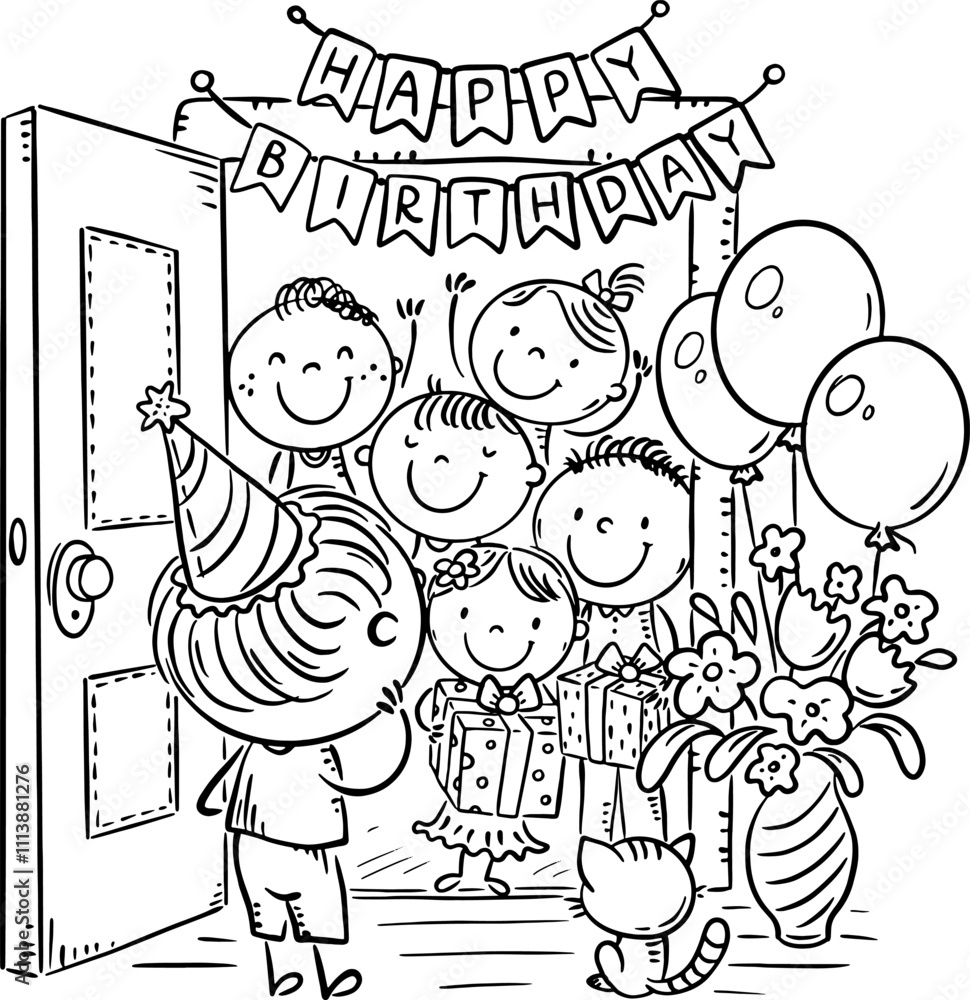 Hand drawn illustration of kids birthday party. Happy cartoon children celebrating birthday with balloons and gifts Hand drawn illustration of kids birthday party. Happy cartoon children celebrating birthday with balloons and gifts