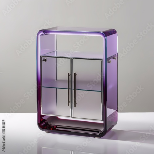 Glass sculpture of stylish accent cabinet with lavender to purple gradient frame and frosted glass doors, light gray background, generative ai photo