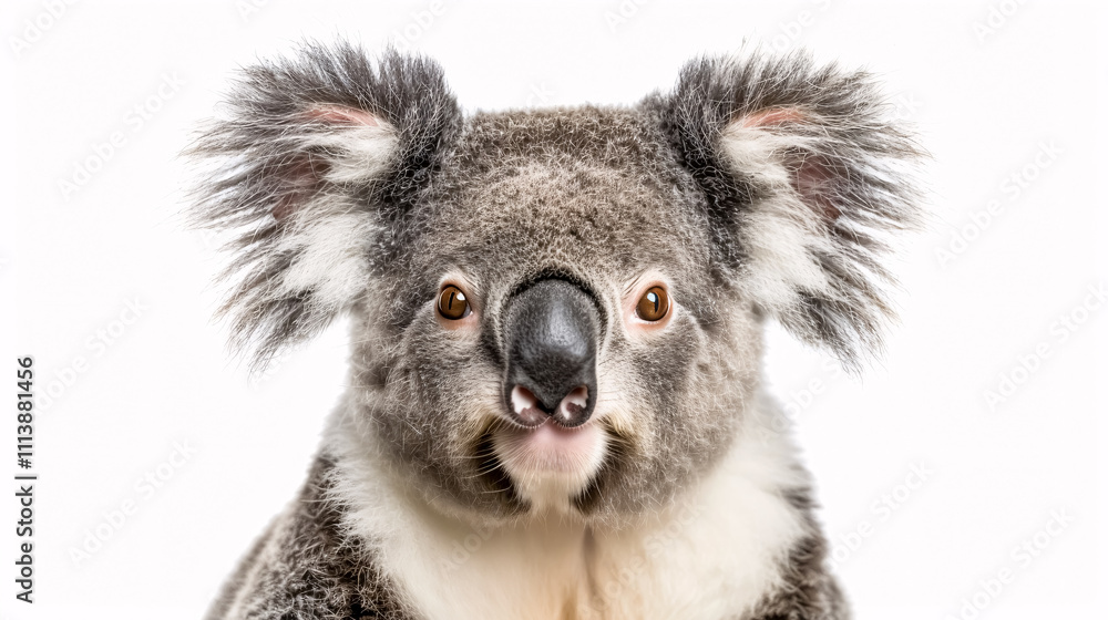 Fototapeta premium Portrait of a Surprised Koala: Close-up, isolated on a white background.