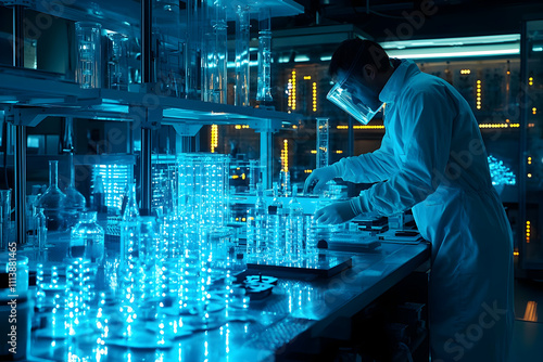 Scientist Conducts Experiments in a Lab at Night photo