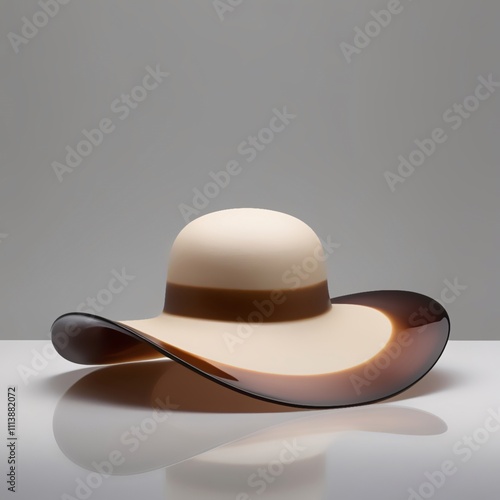 Glass sculpture of wide-brim hat with glossy gradient beige to rich brown finish, detailed brim and texture, modern craftsmanship against light gray background, generative ai photo