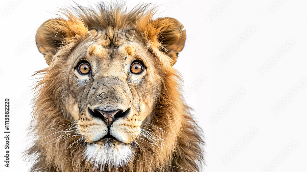 Portrait of a Surprised Lion: Close-up, isolated on a white background. Portrait of a Surprised Lion: Close-up, isolated on a white background.