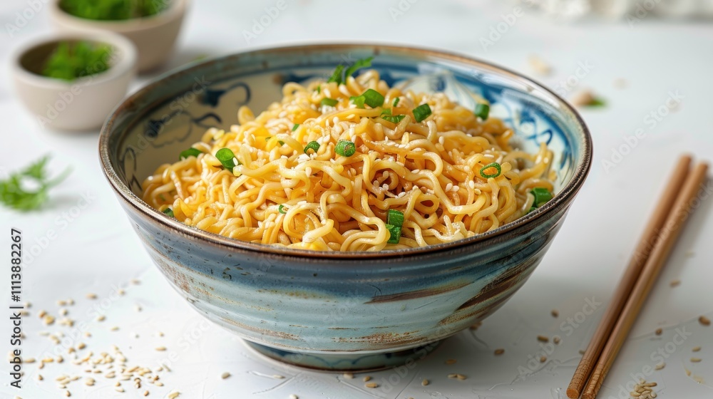 A bowl of noodles garnished with green onions, served with chopsticks. A bowl of noodles garnished with green onions, served with chopsticks.