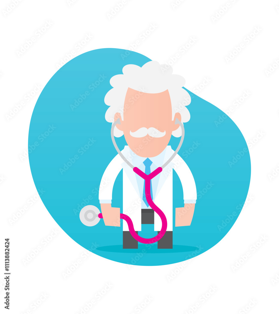 Vector cartoon of a cheerful senior doctor with a mustache in a white coat holding a stethoscope. Isolated on white background Vector cartoon of a cheerful senior doctor with a mustache in a white coat holding a stethoscope. Isolated on white background