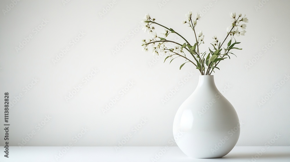 White vase with spring flowers on minimalistic background White vase with spring flowers on minimalistic background