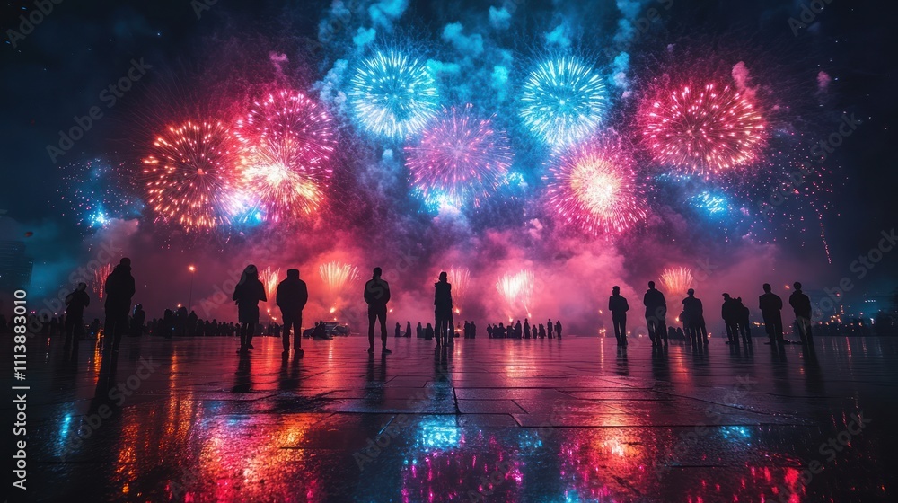 Fototapeta premium Crowd watching vibrant fireworks display at night, reflected on wet ground.