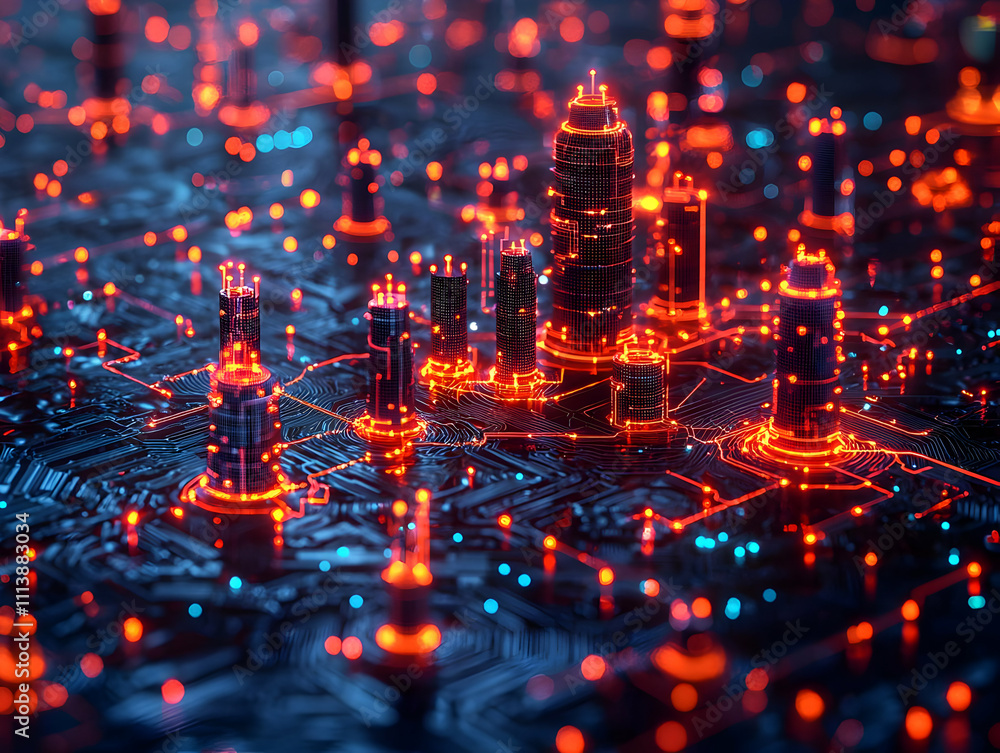 Digital Cityscape: Illuminated Towers on Circuit Board Digital Cityscape: Illuminated Towers on Circuit Board