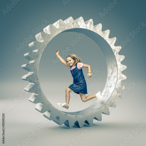 girl running inside a giant floating gear whee photo