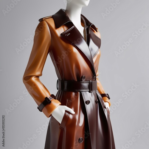 Glass sculpture of a trench coat with glossy gradient tan to brown finish, intricate details like lapels and belt, modern craftsmanship against light gray background, generative ai photo