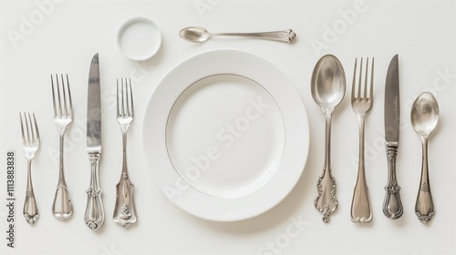 Photograph elegant white dinner plates arranged with silver cutlery on a clean white background.