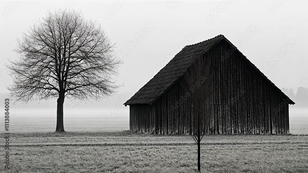 Lonely Barn and Tree in Misty Field at Dawn Showcasing Serene Rural Landscape Lonely Barn and Tree in Misty Field at Dawn Showcasing Serene Rural Landscape