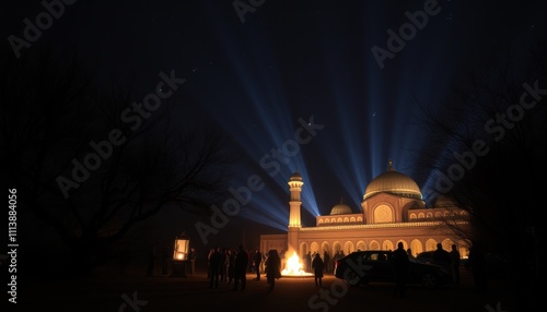 Illuminated mosque at night with people gathered around a bonfire. photo