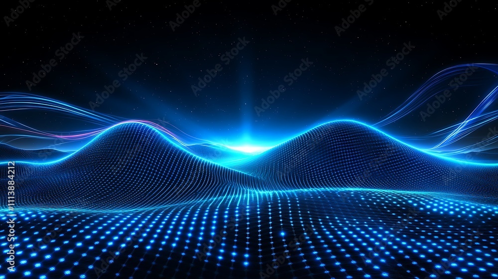 Abstract Blue Light Waves and Digital Patterns in a Futuristic Landscape View of Luminous Terrain Abstract Blue Light Waves and Digital Patterns in a Futuristic Landscape View of Luminous Terrain