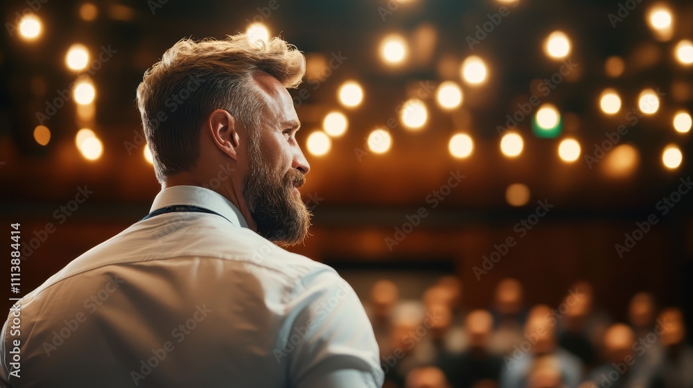 A bearded man in a formal white shirt addresses a large audience in a dimly lit auditorium with warm overhead lights creating a focused atmosphere. A bearded man in a formal white shirt addresses a large audience in a dimly lit auditorium with warm overhead lights creating a focused atmosphere.