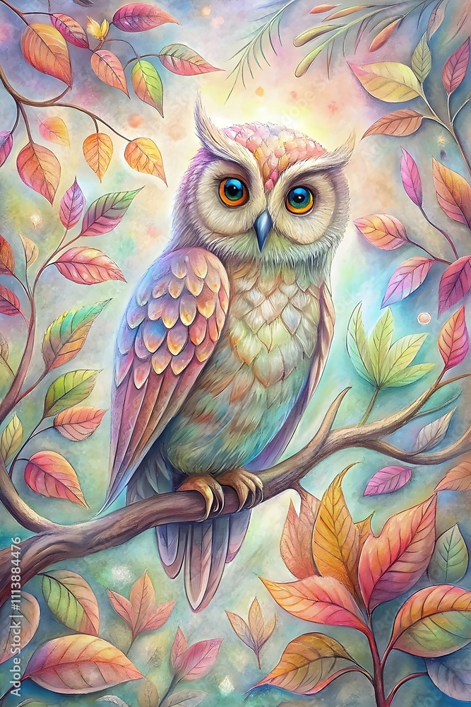 Naklejka premium Colorful Owl Perched Branch Surrounded Autumn Leaves Vibrant Nature Beauty