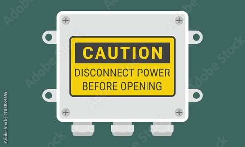 White cable junction box with caution sign "Disconnect power before opening". Flat style vector illustration