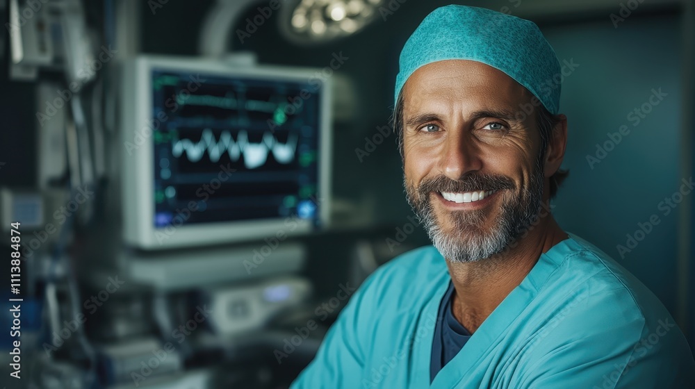 A confident surgeon, clad in teal scrubs, stands smiling in an operating room, exuding professionalism and readiness amidst advanced medical technology. A confident surgeon, clad in teal scrubs, stands smiling in an operating room, exuding professionalism and readiness amidst advanced medical technology.