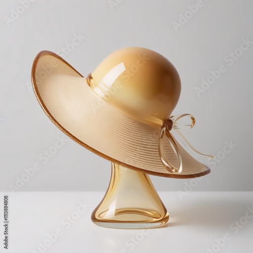 Glass sculpture of sun hat with glossy gradient beige to yellow finish, delicate woven brim and ribbon detail, modern craftsmanship against light gray background, generative ai photo