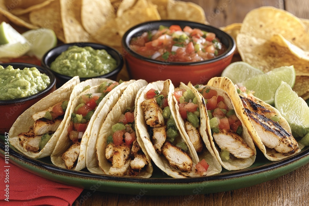 Grilled chicken tacos with fresh toppings and sides. Generative AI Grilled chicken tacos with fresh toppings and sides. Generative AI