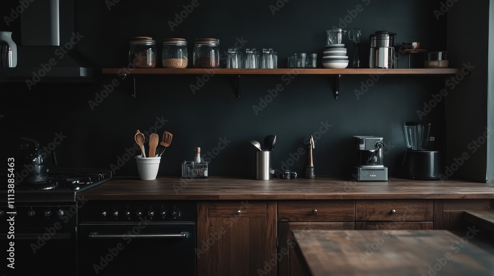 Dark Modern Kitchen With Wooden Cabinets And Appliances