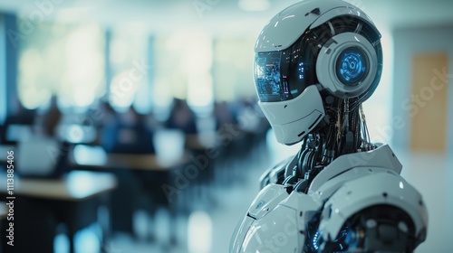 Humanoid ai robot instructor in minimalist classroom setting