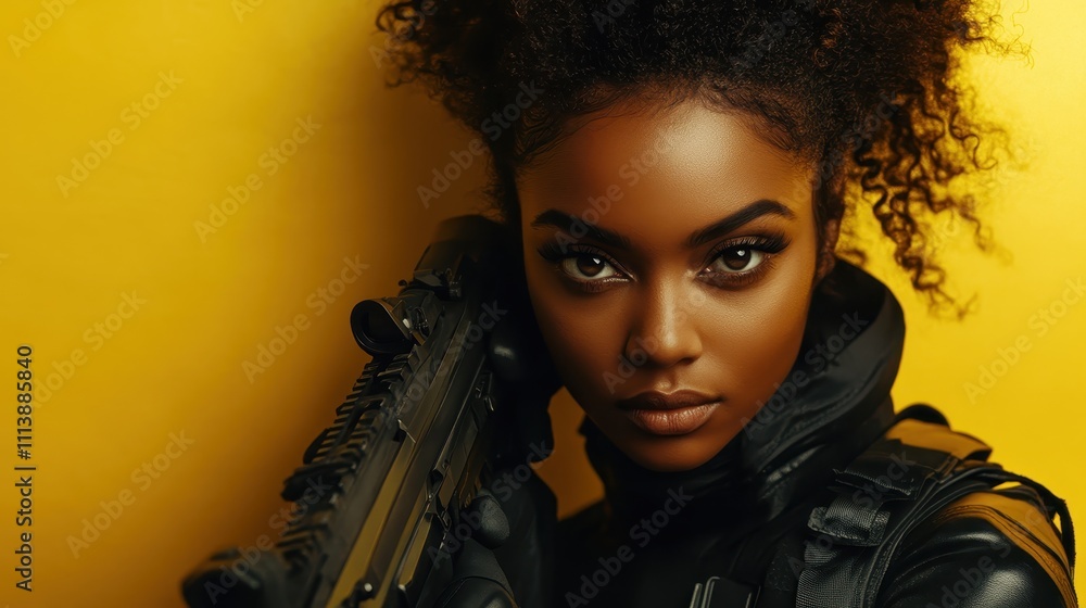 A powerful portrait of a woman in tactical gear holding a rifle, set against a vibrant yellow background, conveying strength and determination. A powerful portrait of a woman in tactical gear holding a rifle, set against a vibrant yellow background, conveying strength and determination.