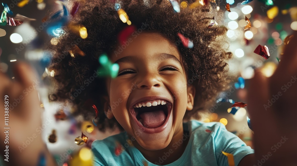 A young child is depicted laughing joyfully as colorful confetti falls around, creating a lively and festive scene of celebration and happiness. A young child is depicted laughing joyfully as colorful confetti falls around, creating a lively and festive scene of celebration and happiness.
