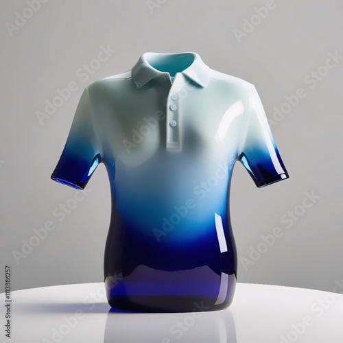 Glass sculpture of a polo shirt with glossy gradient pastel blue to navy finish, detailed collar and buttons, relaxed fit, modern craftsmanship against light gray background, generative ai photo