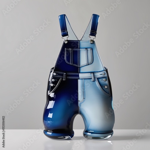 Glass sculpture of overalls with glossy gradient indigo blue to light denim finish, detailed straps, pockets, and buttons, modern craftsmanship against light gray background, generative ai photo