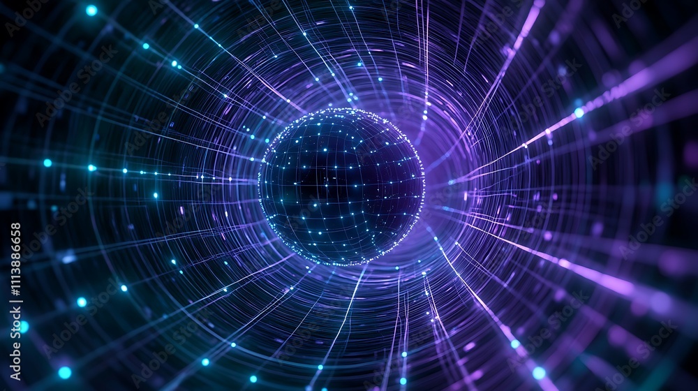 Abstract digital art of a glowing sphere surrounded by vibrant energy lines in a luminous tunnel space Abstract digital art of a glowing sphere surrounded by vibrant energy lines in a luminous tunnel space