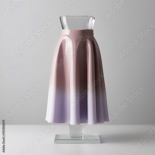 Glass sculpture of midi skirt with glossy gradient dusty rose to lavender finish, detailed folds and waistband, modern craftsmanship against light gray background, generative ai photo