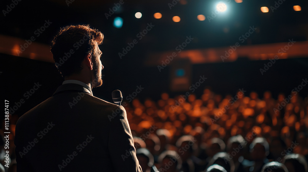 Male speaker addressing a large audience in a conference setting Male speaker addressing a large audience in a conference setting