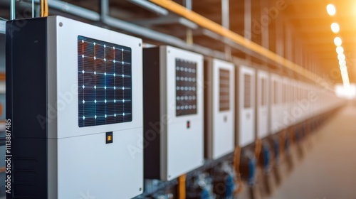 The image shows a series of solar inverters lined up in an industrial setting, highlighting renewable energy technology and sustainable power solutions.