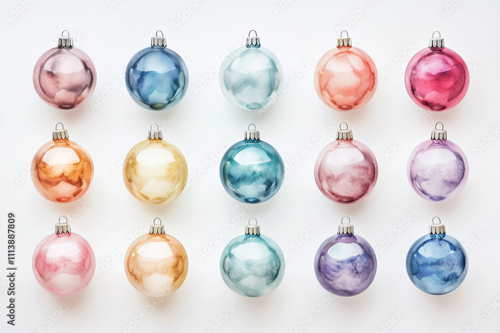 set of christmas tree watercolor balls isolated on white background, pastel colors set of christmas tree watercolor balls isolated on white background, pastel colors