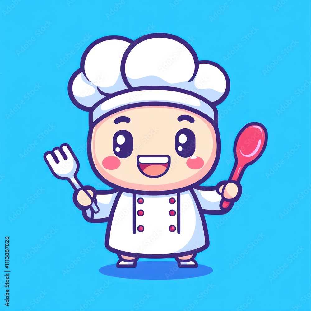 Cute chef holds fork and spoon. Cute chef holds fork and spoon.