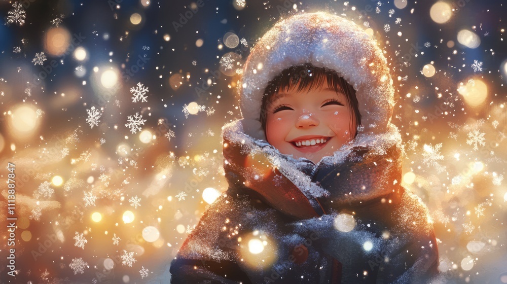 A cute smiling child wearing a fluffy hat and puffy winter jacket, surrounded by falling snowflakes in a snowy landscape. A cute smiling child wearing a fluffy hat and puffy winter jacket, surrounded by falling snowflakes in a snowy landscape.