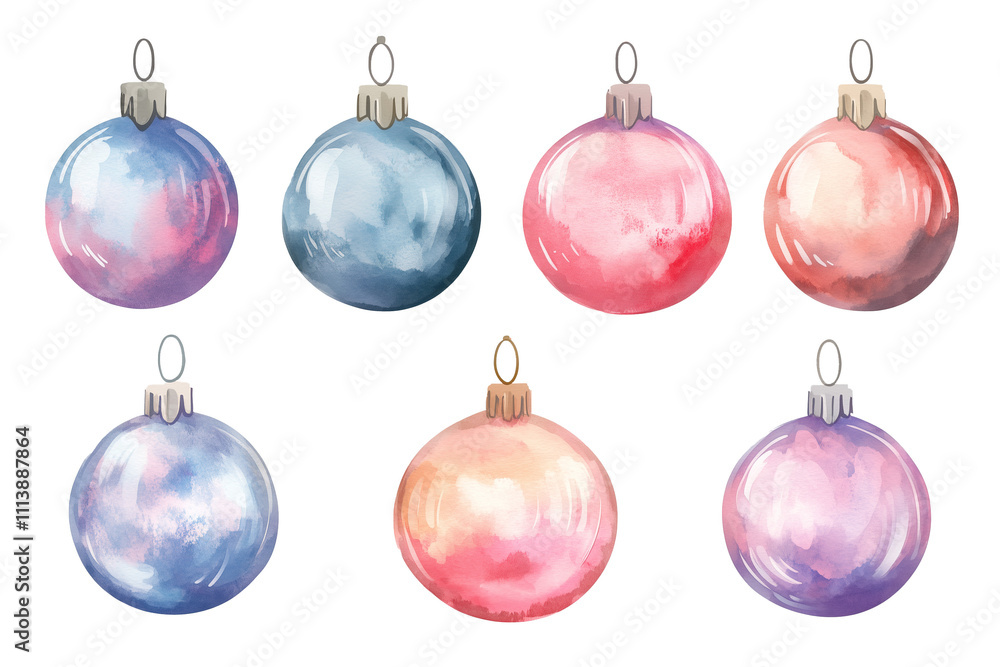 seven christmas tree balls painted with watercolor isolated on transparent background, pastel colors seven christmas tree balls painted with watercolor isolated on transparent background, pastel colors
