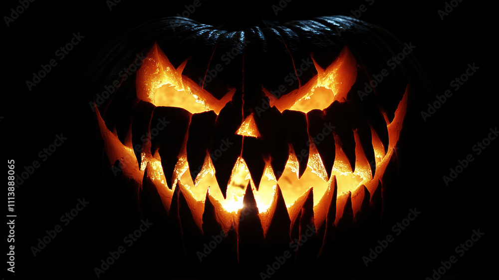 Fanged jack-o'-lantern isolated in the dark. Fanged jack-o'-lantern isolated in the dark.