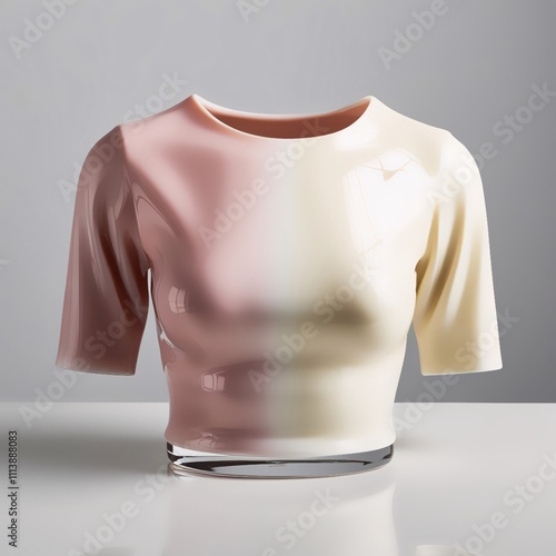 Glass sculpture of cropped top with glossy gradient pink to cream finish, detailed folds and neckline, modern craftsmanship against light gray background, generative ai photo