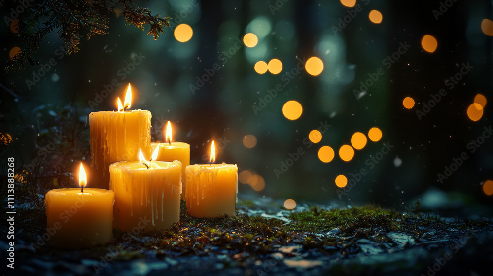 Warm candlelight glowing in a serene dark forest background Warm candlelight glowing in a serene dark forest background